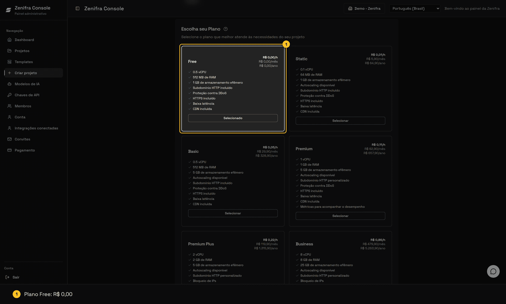 Seção Escolha seu Plano com o plano Free selecionado e os preços por hora, mês e ano
