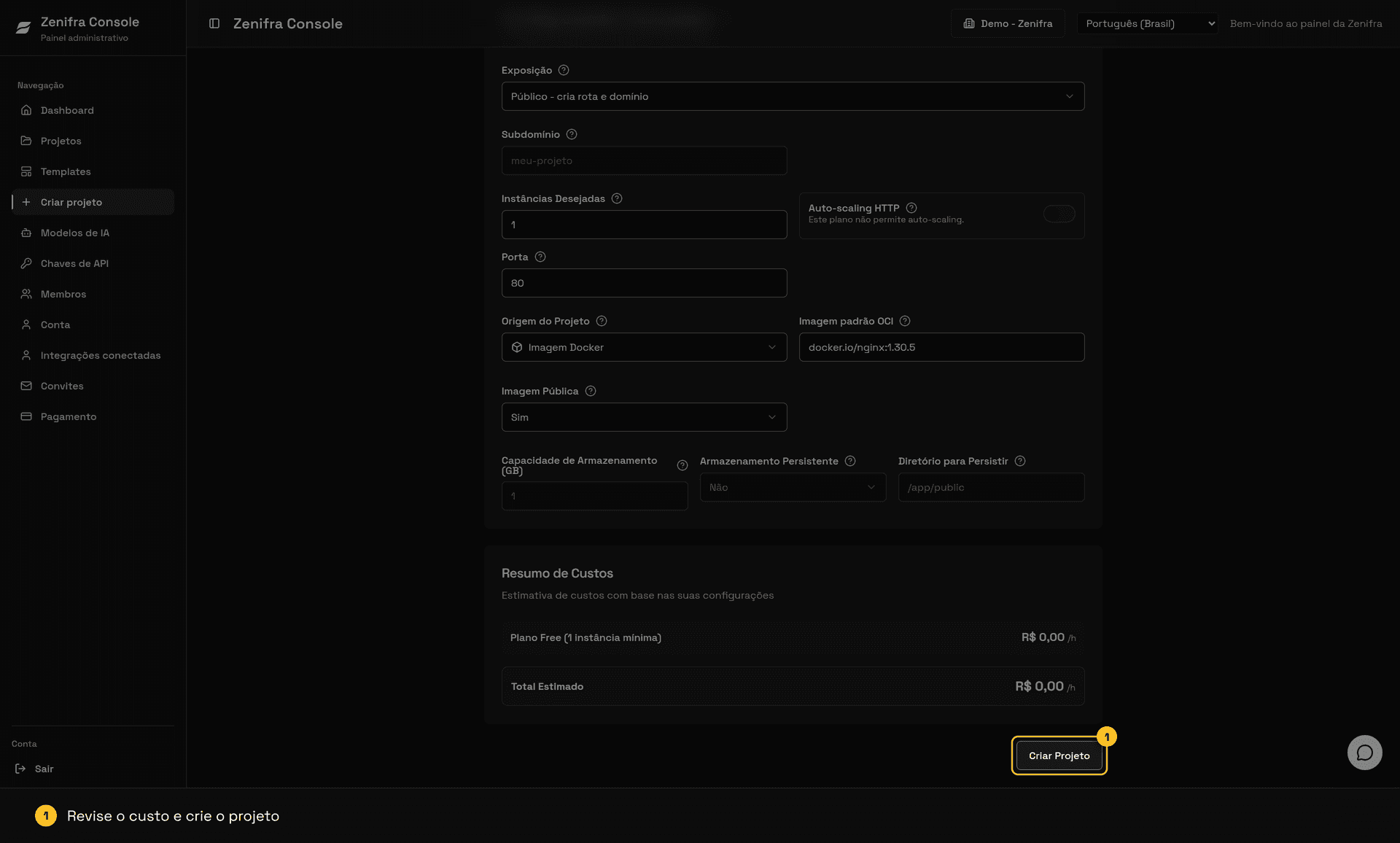 Resumo de Custos com o plano Free a R$ 0,00 por hora e o botão Criar Projeto